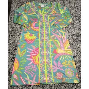 GRETCHEN SCOTT EUC SEAFOAM JERSEY BORDERTOWN DRESS HUMMINGBIRD HEAVEN SZ S